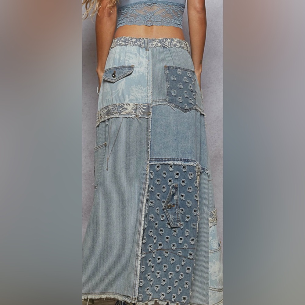 POL Boho Patchwork Denim Maxi Skirt - Picture 3 of 4